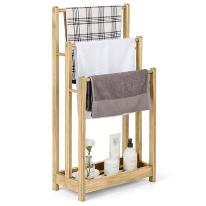 Freestanding Wood Towel Rack with 3 Individual Bars and Bottom Storage Shelf