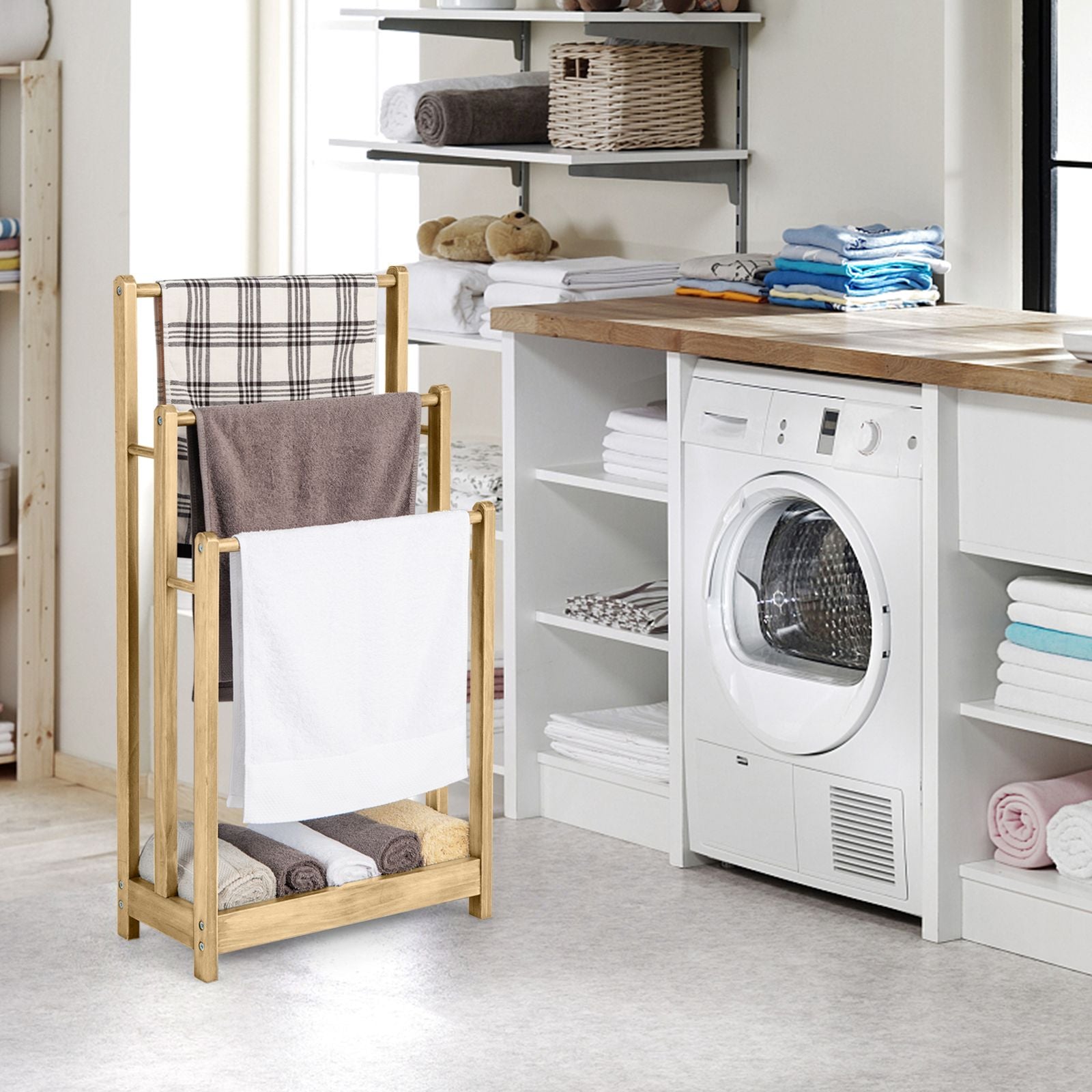 Freestanding Wood Towel Rack with 3 Individual Bars and Bottom Storage Shelf