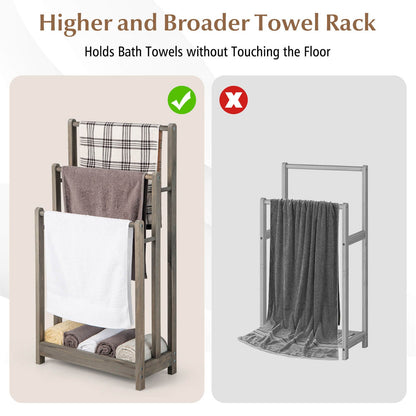 Freestanding Wood Towel Rack with 3 Individual Bars and Bottom Storage Shelf