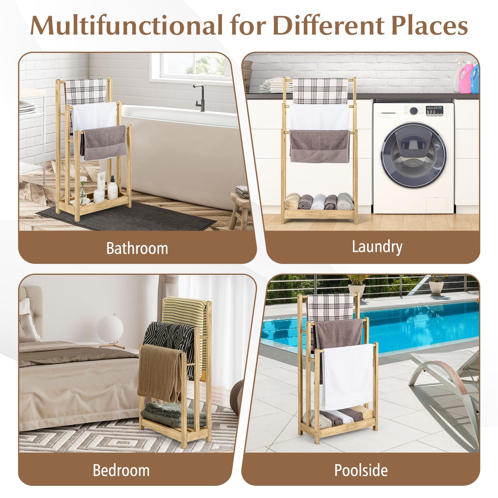 Freestanding Wood Towel Rack with 3 Individual Bars and Bottom Storage Shelf