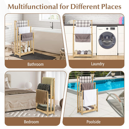 Freestanding Wood Towel Rack with 3 Individual Bars and Bottom Storage Shelf