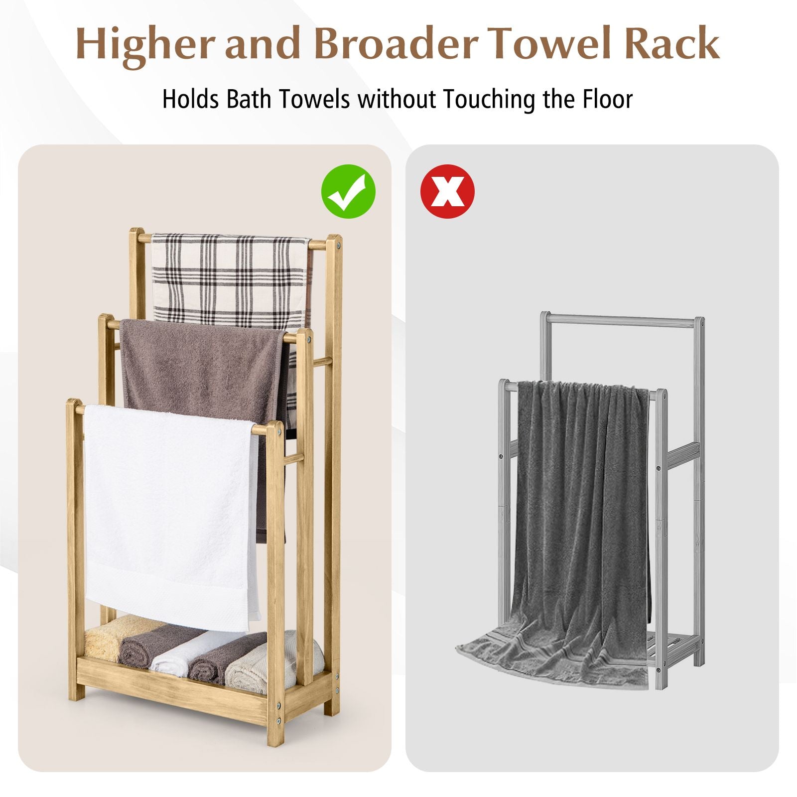 Freestanding Wood Towel Rack with 3 Individual Bars and Bottom Storage Shelf