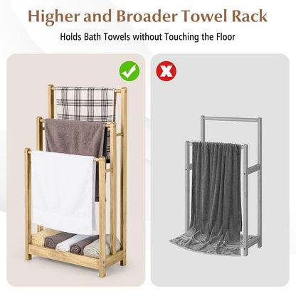 Freestanding Wood Towel Rack with 3 Individual Bars and Bottom Storage Shelf