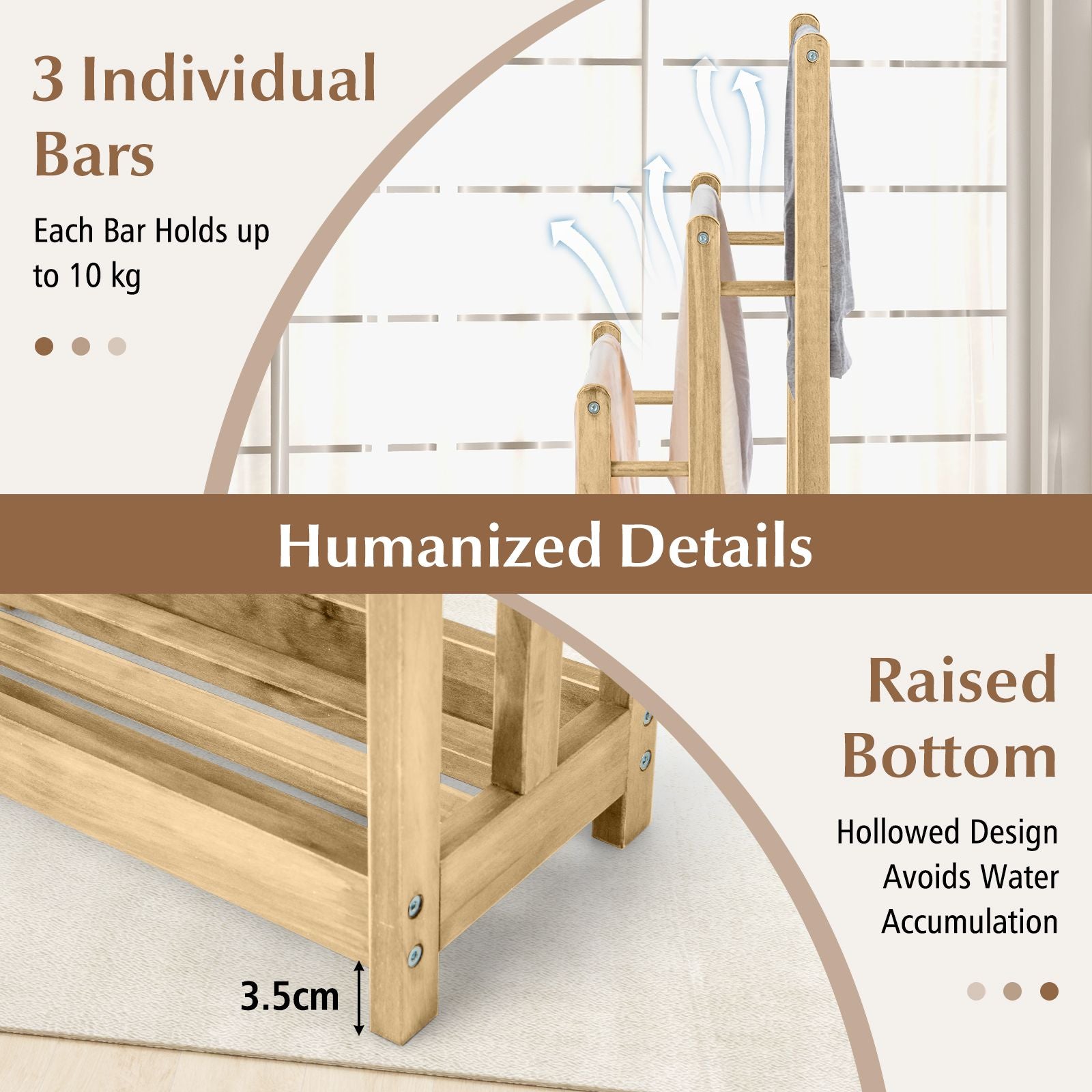 Freestanding Wood Towel Rack with 3 Individual Bars and Bottom Storage Shelf