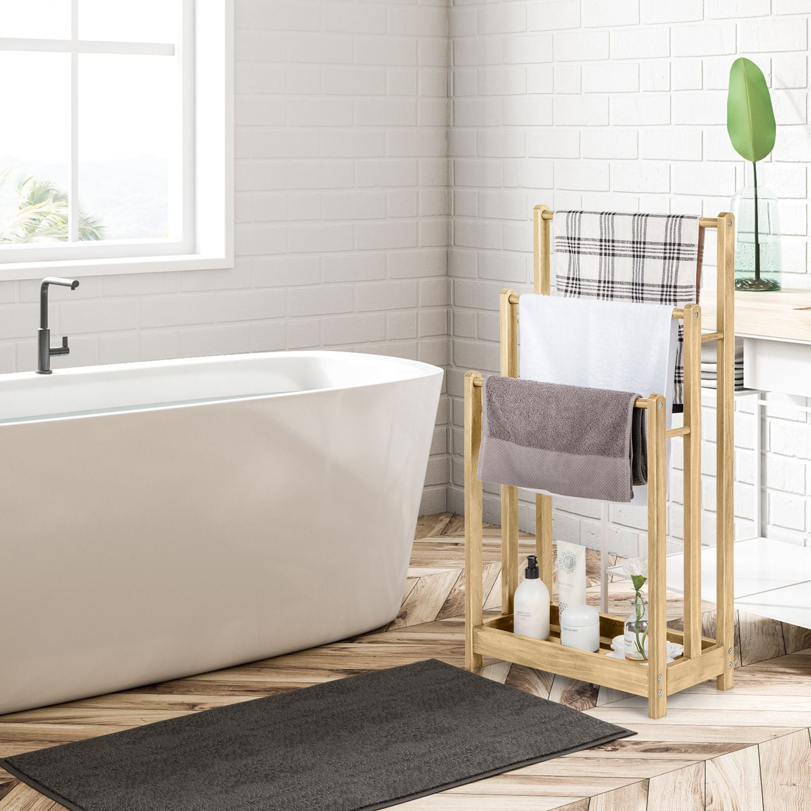 Freestanding Wood Towel Rack with 3 Individual Bars and Bottom Storage Shelf